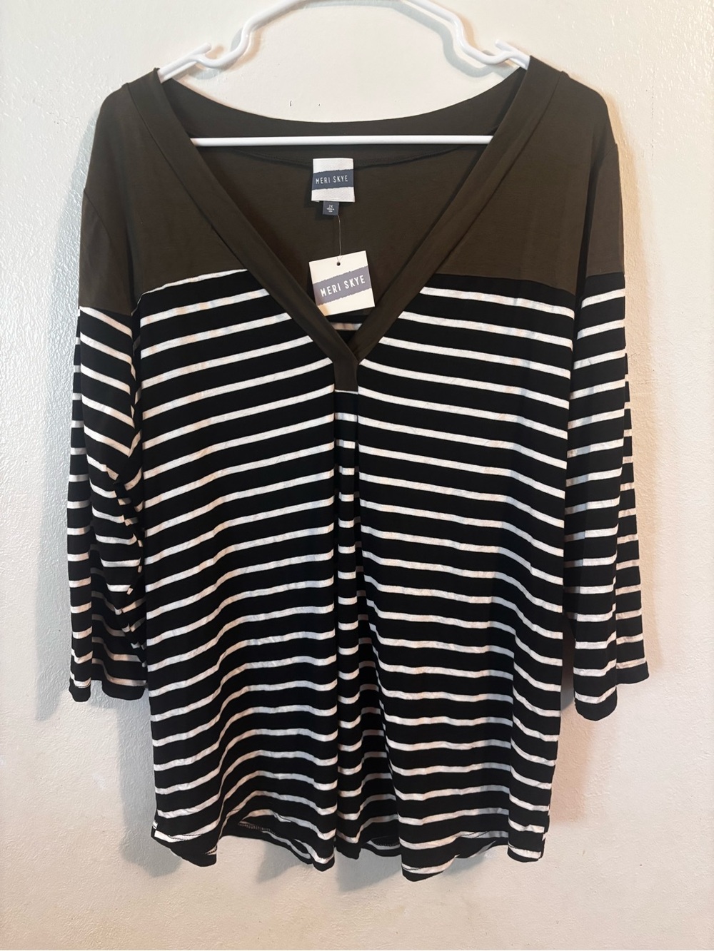 Meri Skye Olive & Black Striped V-Neck Long Sleeve Top